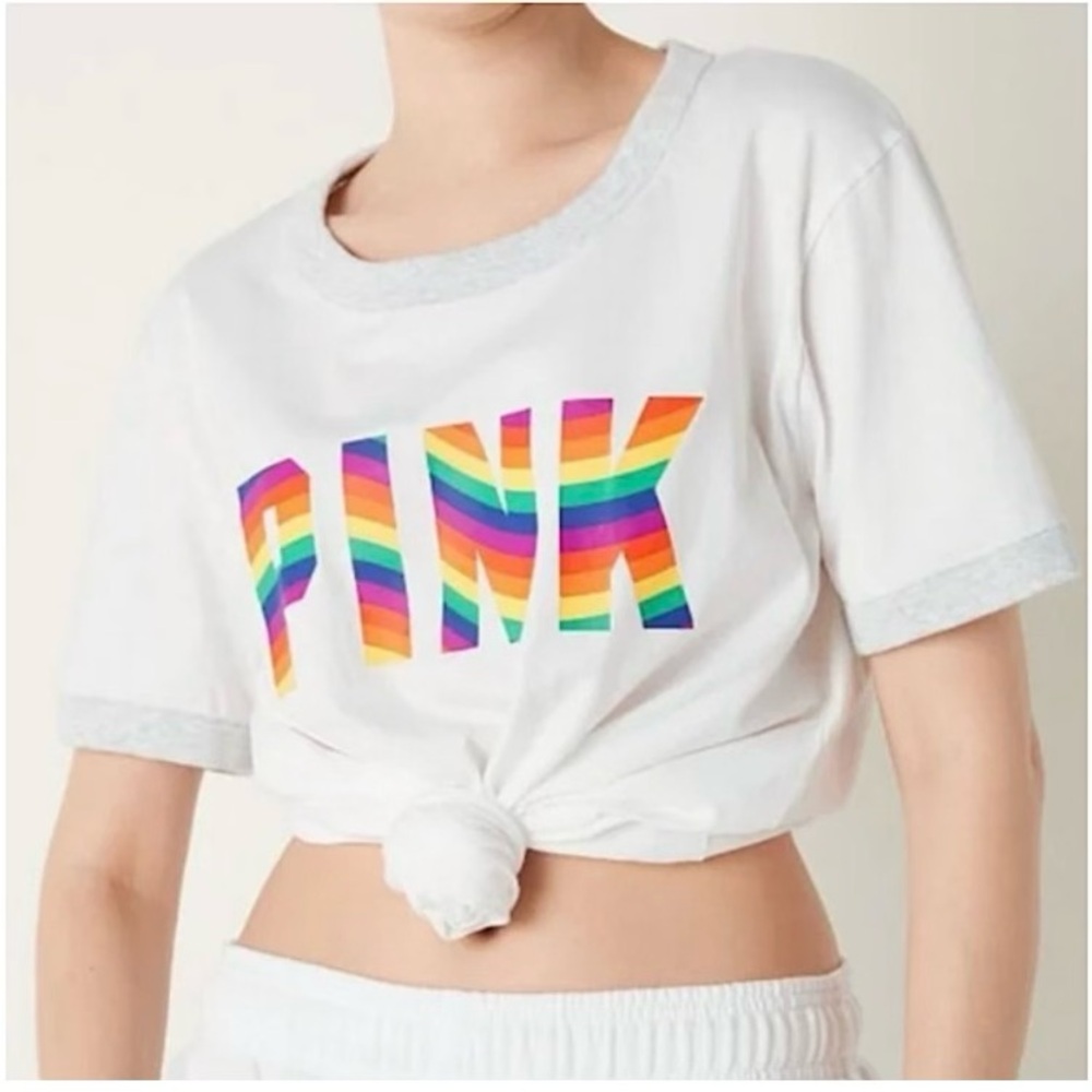 VS Pink, White, rainbow logo, short sleeves  cotton top, Medium/L size🌈🤍